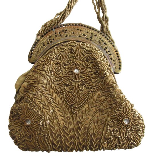 Antique Gold Beaded Purse Bag Brass Frame Silk Lining - Picture 6 of 10